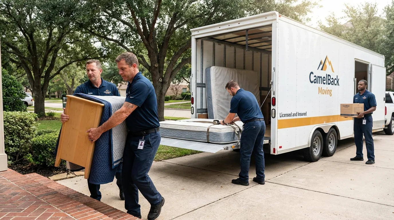 Crew loading residential truck for cross-state move from Iowa City, IA