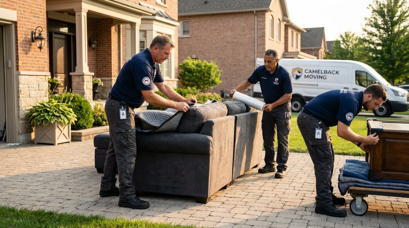 Large estate moving crew wrapping furniture in Iowa City, IA