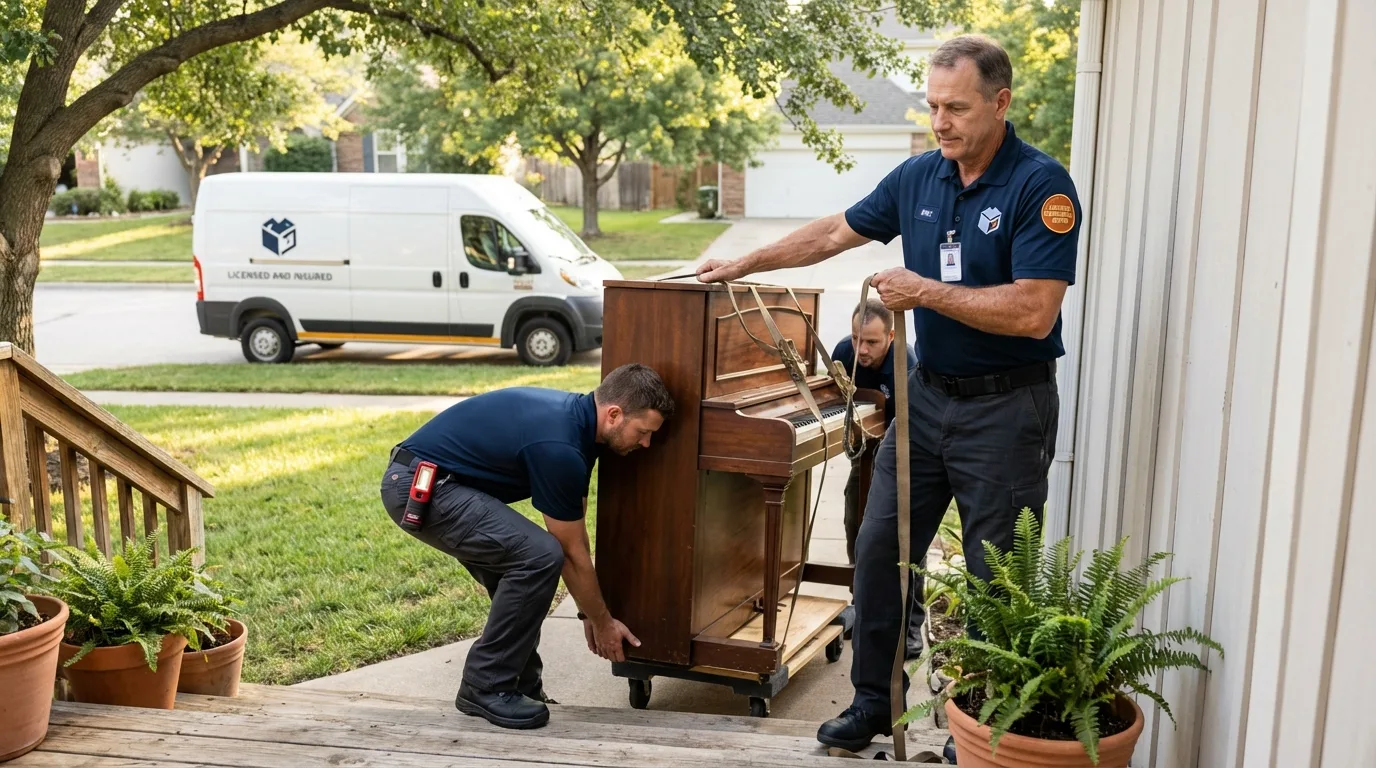 Licensed piano movers securing grand piano in Iowa City, IA