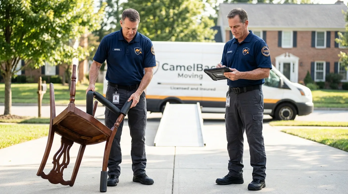 Movers inspecting furniture for damage prevention before loading in Iowa City, IA