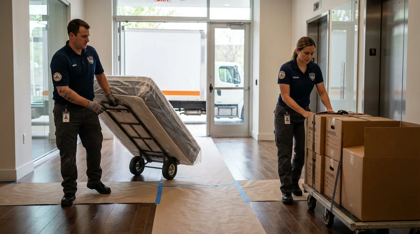 Professional apartment movers loading elevator in Iowa City, IA