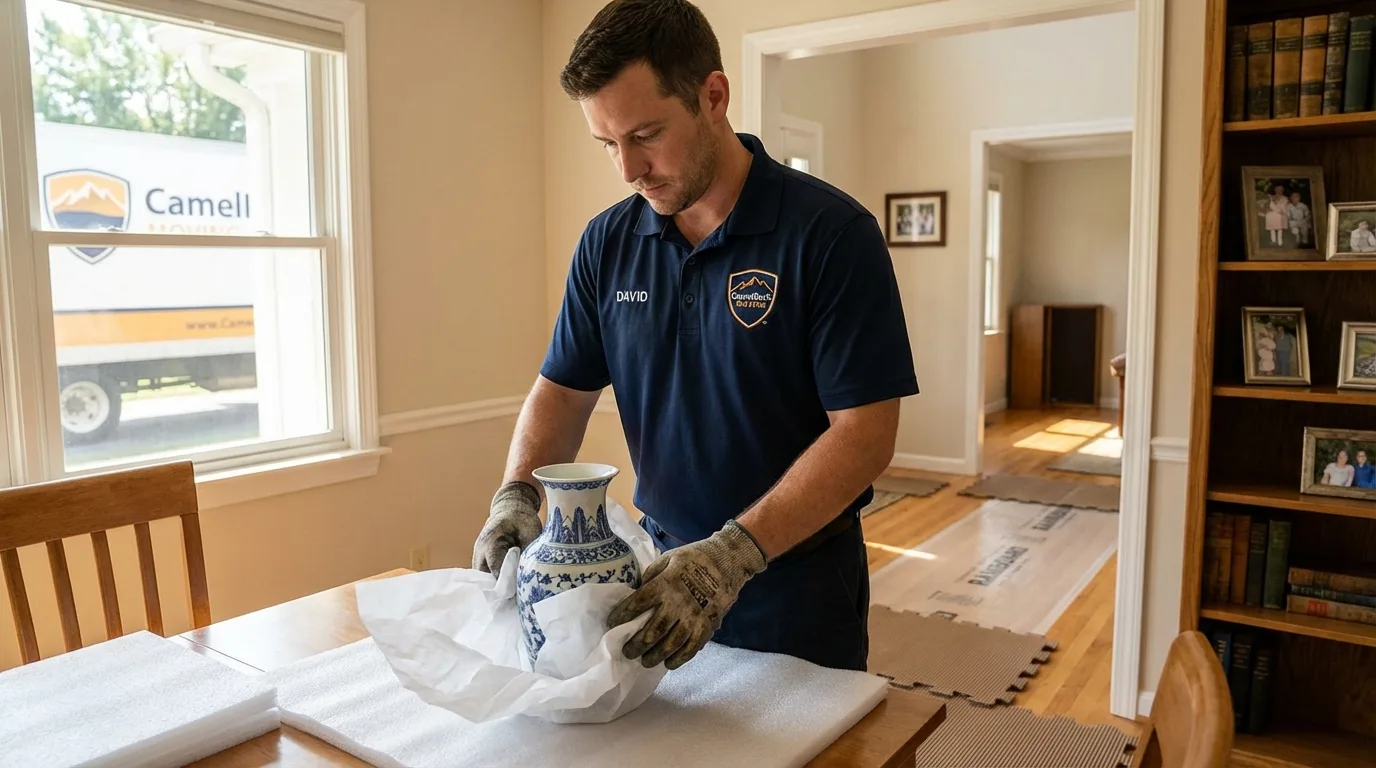 Professional crew carefully wrapping antique vase for senior downsizing move in Iowa City, IA